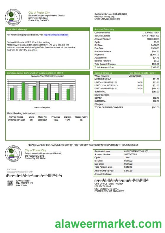 USA California City of Foster City utility bill template in Word and PDF format